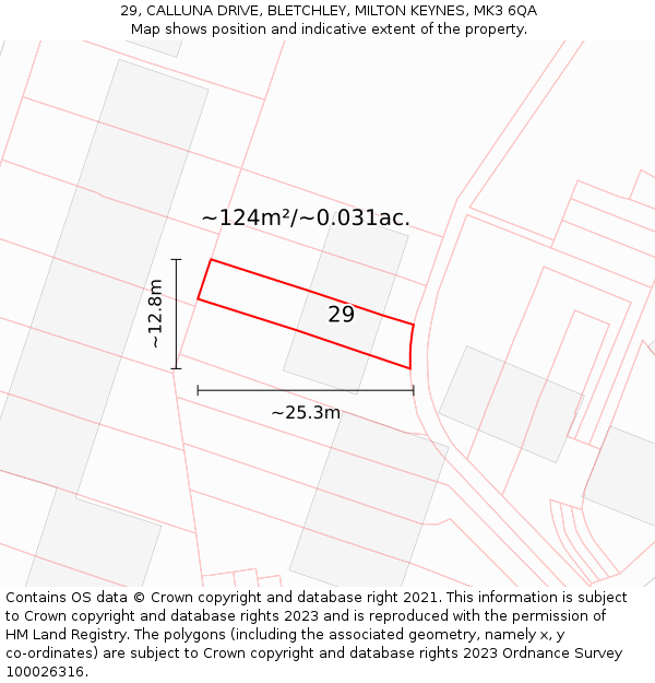 29, CALLUNA DRIVE, BLETCHLEY, MILTON KEYNES, MK3 6QA: Plot and title map