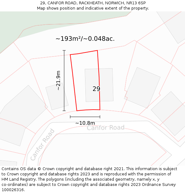 29, CANFOR ROAD, RACKHEATH, NORWICH, NR13 6SP: Plot and title map