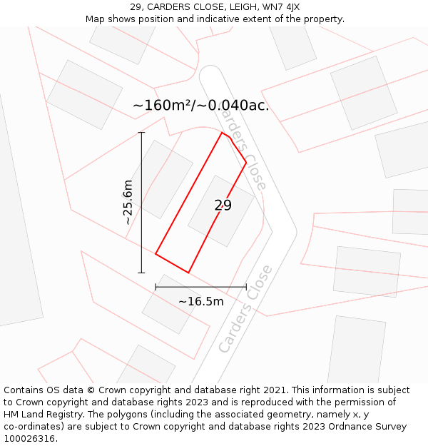 29, CARDERS CLOSE, LEIGH, WN7 4JX: Plot and title map