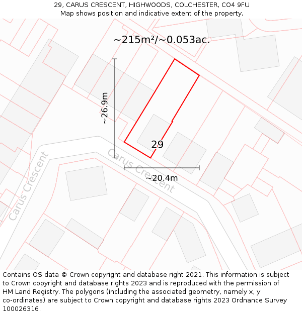 29, CARUS CRESCENT, HIGHWOODS, COLCHESTER, CO4 9FU: Plot and title map