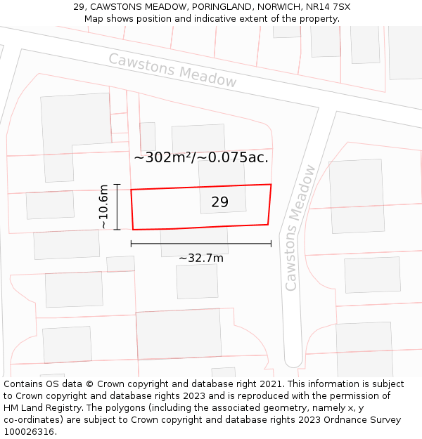 29, CAWSTONS MEADOW, PORINGLAND, NORWICH, NR14 7SX: Plot and title map