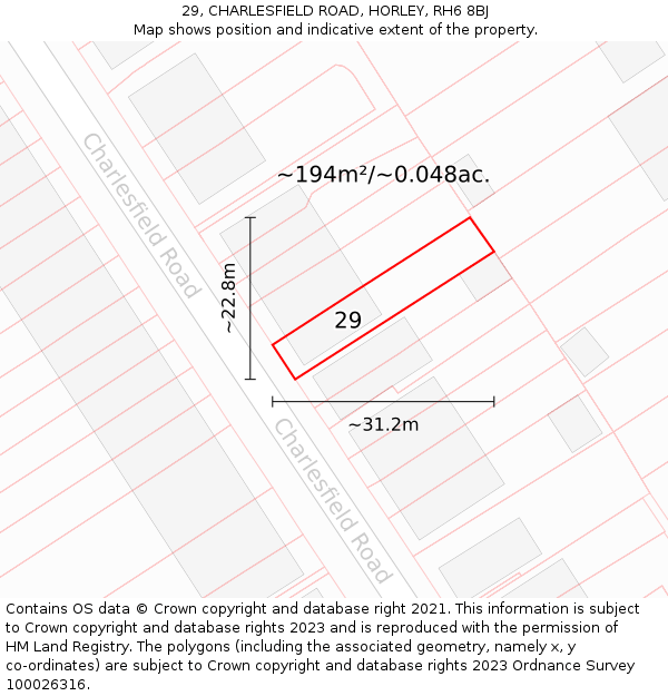 29, CHARLESFIELD ROAD, HORLEY, RH6 8BJ: Plot and title map