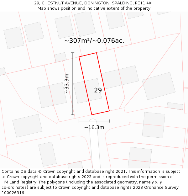 29, CHESTNUT AVENUE, DONINGTON, SPALDING, PE11 4XH: Plot and title map