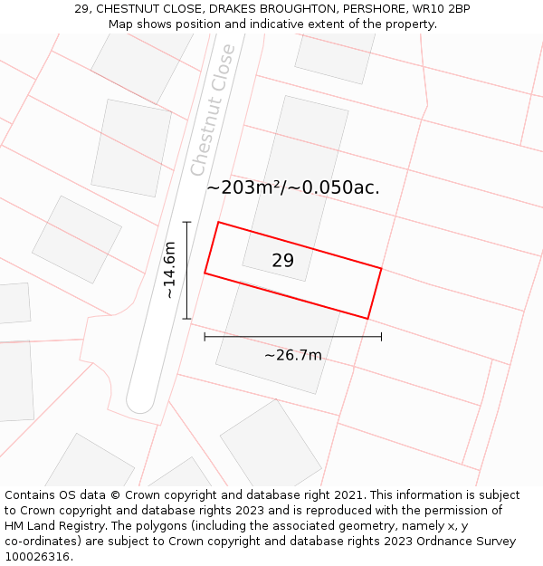 29, CHESTNUT CLOSE, DRAKES BROUGHTON, PERSHORE, WR10 2BP: Plot and title map