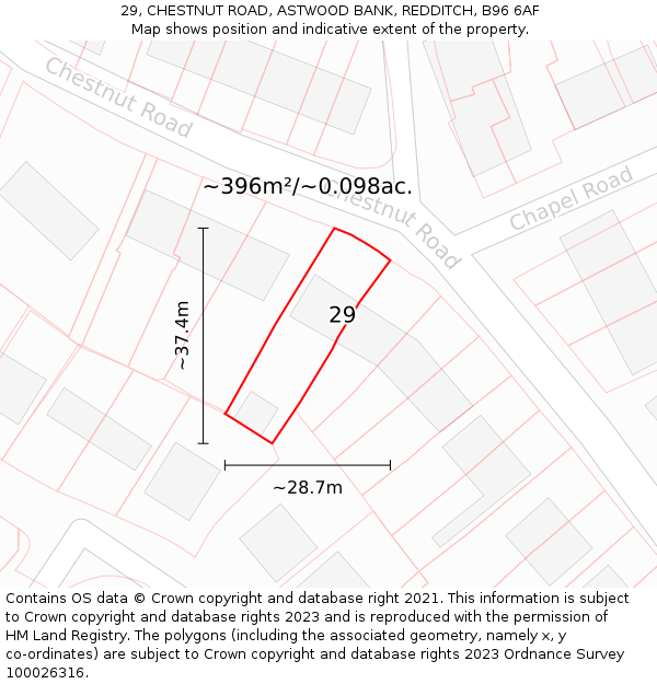 29, CHESTNUT ROAD, ASTWOOD BANK, REDDITCH, B96 6AF: Plot and title map