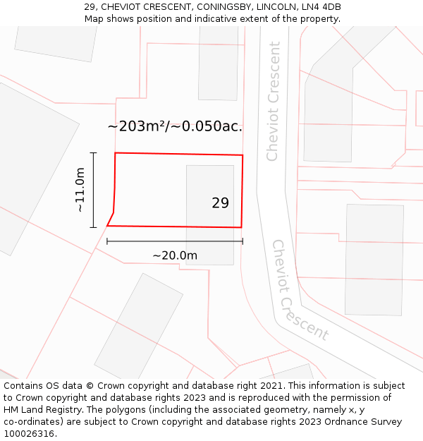 29, CHEVIOT CRESCENT, CONINGSBY, LINCOLN, LN4 4DB: Plot and title map