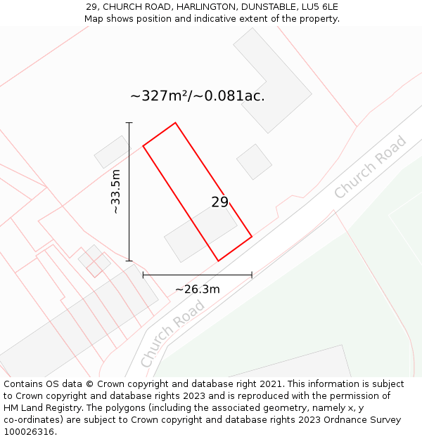 29, CHURCH ROAD, HARLINGTON, DUNSTABLE, LU5 6LE: Plot and title map