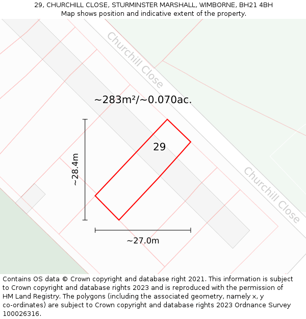 29, CHURCHILL CLOSE, STURMINSTER MARSHALL, WIMBORNE, BH21 4BH: Plot and title map