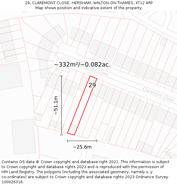 29, CLAREMONT CLOSE, HERSHAM, WALTON-ON-THAMES, KT12 4RP: Plot and title map