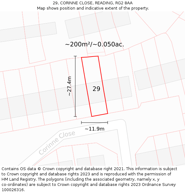 29, CORINNE CLOSE, READING, RG2 8AA: Plot and title map
