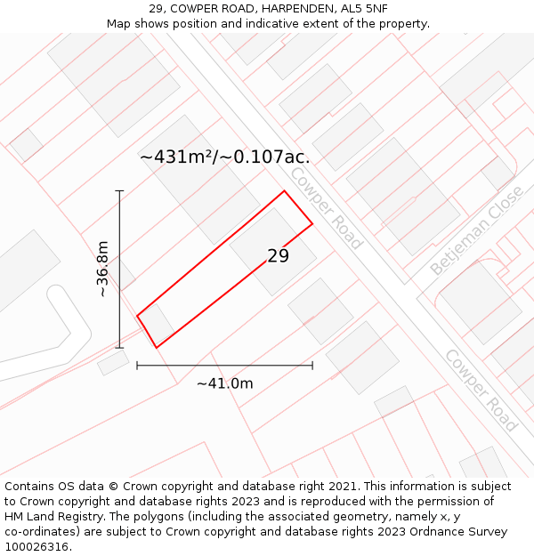 29, COWPER ROAD, HARPENDEN, AL5 5NF: Plot and title map