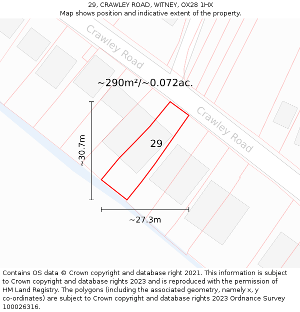 29, CRAWLEY ROAD, WITNEY, OX28 1HX: Plot and title map