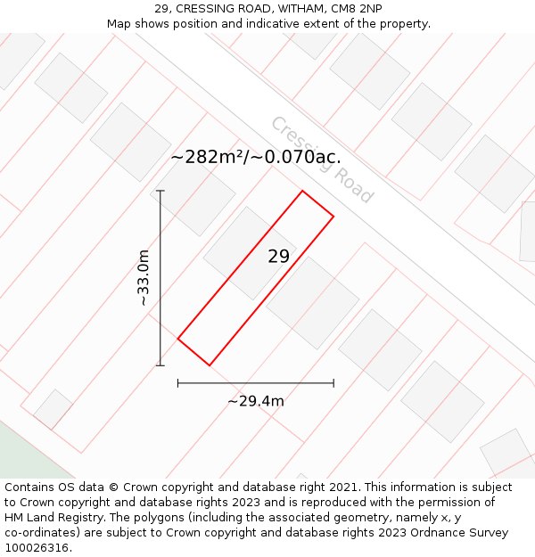 29, CRESSING ROAD, WITHAM, CM8 2NP: Plot and title map