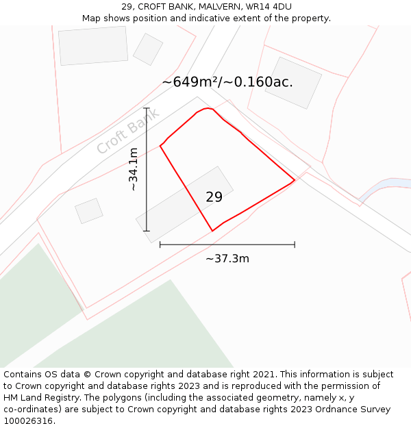 29, CROFT BANK, MALVERN, WR14 4DU: Plot and title map