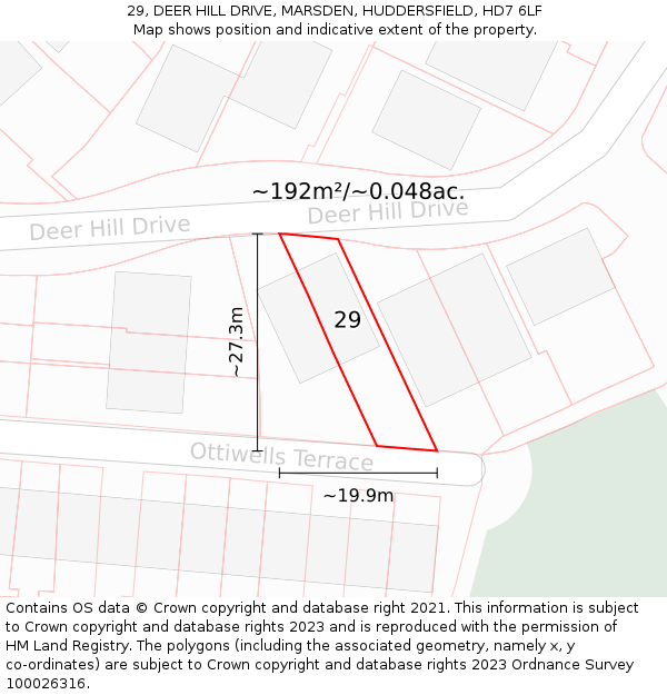 29, DEER HILL DRIVE, MARSDEN, HUDDERSFIELD, HD7 6LF: Plot and title map