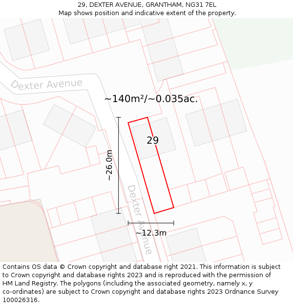 29, DEXTER AVENUE, GRANTHAM, NG31 7EL: Plot and title map