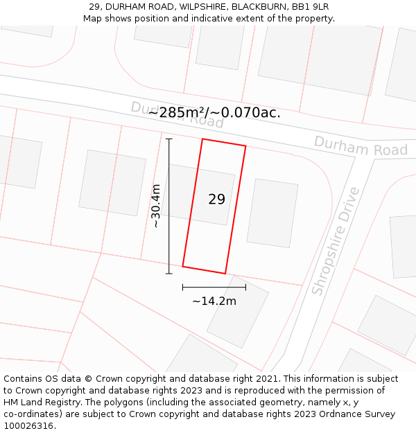 29, DURHAM ROAD, WILPSHIRE, BLACKBURN, BB1 9LR: Plot and title map