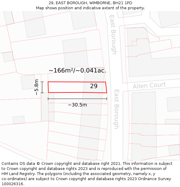 29, EAST BOROUGH, WIMBORNE, BH21 1PD: Plot and title map