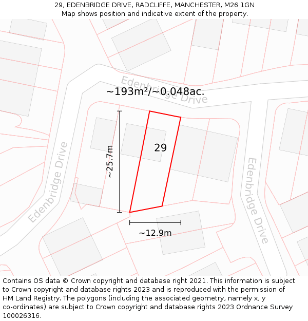 29, EDENBRIDGE DRIVE, RADCLIFFE, MANCHESTER, M26 1GN: Plot and title map