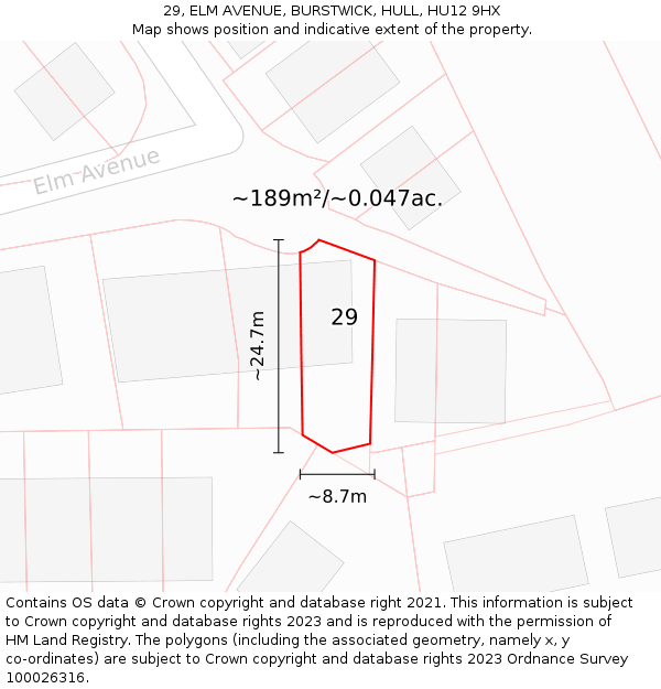 29, ELM AVENUE, BURSTWICK, HULL, HU12 9HX: Plot and title map