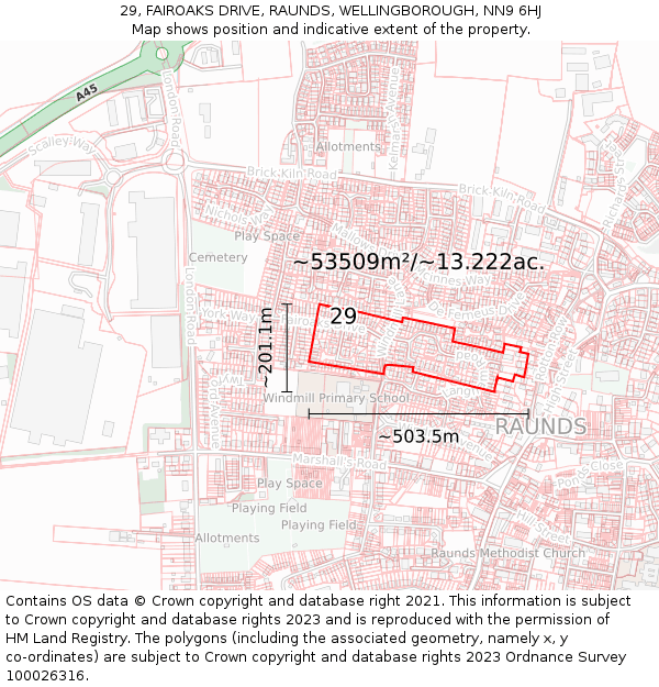 29, FAIROAKS DRIVE, RAUNDS, WELLINGBOROUGH, NN9 6HJ: Plot and title map
