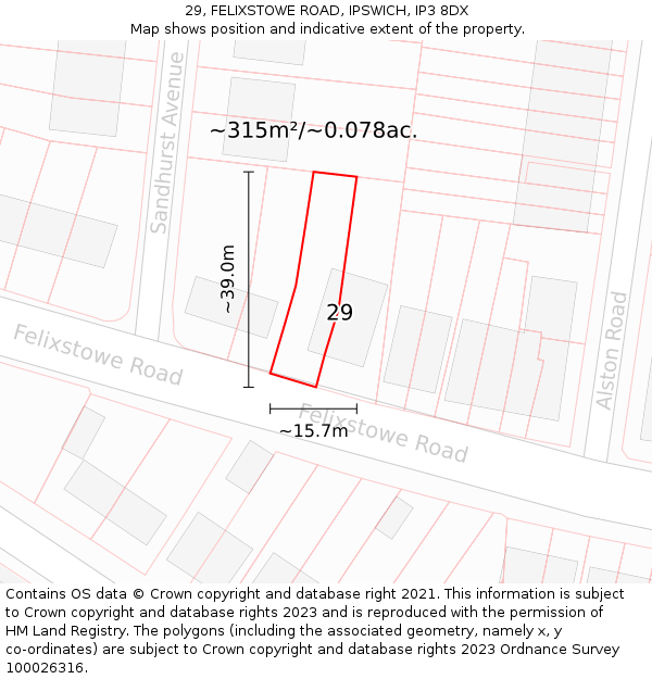 29, FELIXSTOWE ROAD, IPSWICH, IP3 8DX: Plot and title map