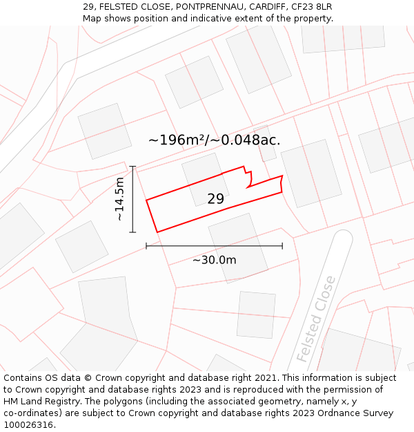 29, FELSTED CLOSE, PONTPRENNAU, CARDIFF, CF23 8LR: Plot and title map