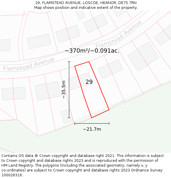 29, FLAMSTEAD AVENUE, LOSCOE, HEANOR, DE75 7RN: Plot and title map