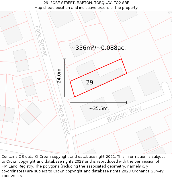 29, FORE STREET, BARTON, TORQUAY, TQ2 8BE: Plot and title map