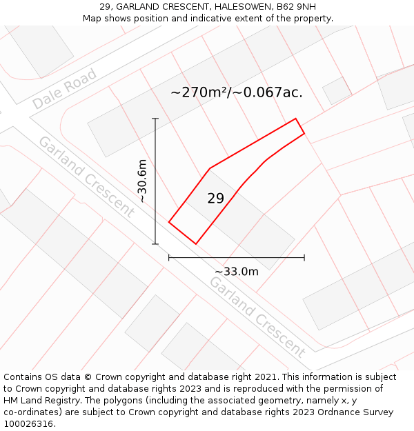 29, GARLAND CRESCENT, HALESOWEN, B62 9NH: Plot and title map