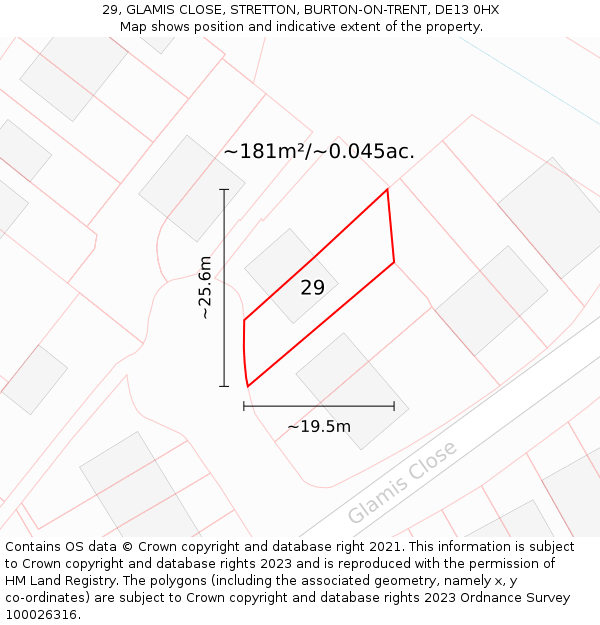 29, GLAMIS CLOSE, STRETTON, BURTON-ON-TRENT, DE13 0HX: Plot and title map