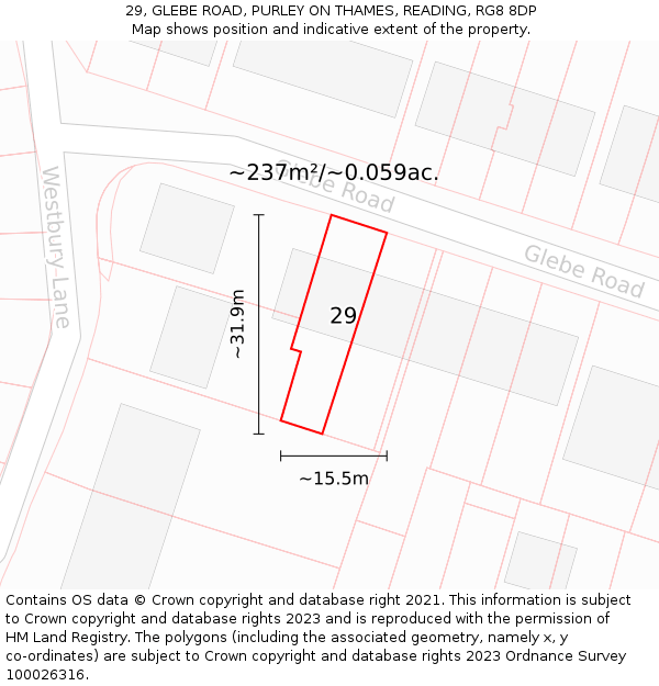 29, GLEBE ROAD, PURLEY ON THAMES, READING, RG8 8DP: Plot and title map