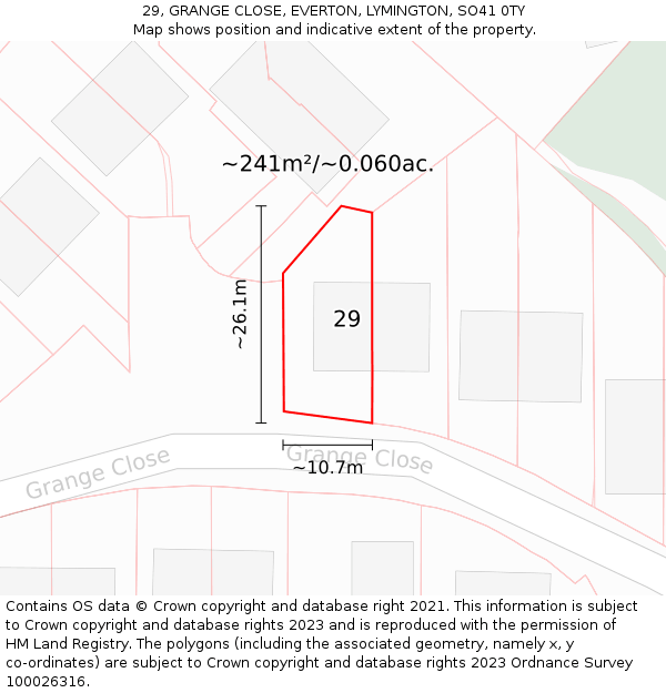 29, GRANGE CLOSE, EVERTON, LYMINGTON, SO41 0TY: Plot and title map