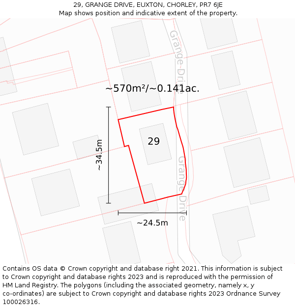 29, GRANGE DRIVE, EUXTON, CHORLEY, PR7 6JE: Plot and title map