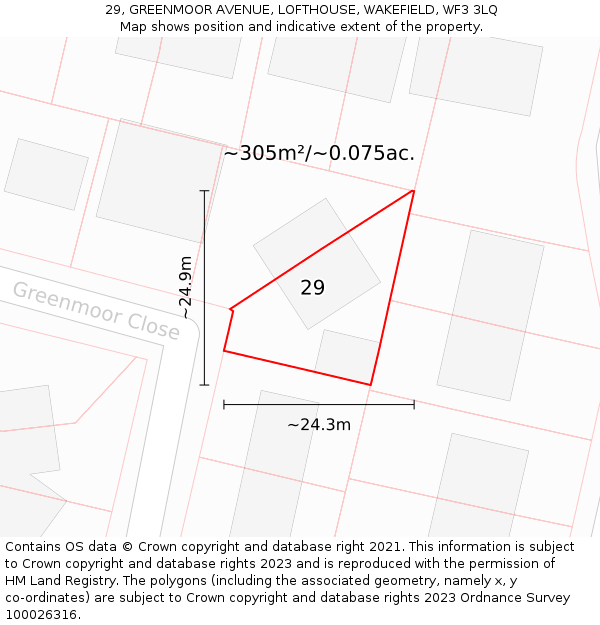 29, GREENMOOR AVENUE, LOFTHOUSE, WAKEFIELD, WF3 3LQ: Plot and title map