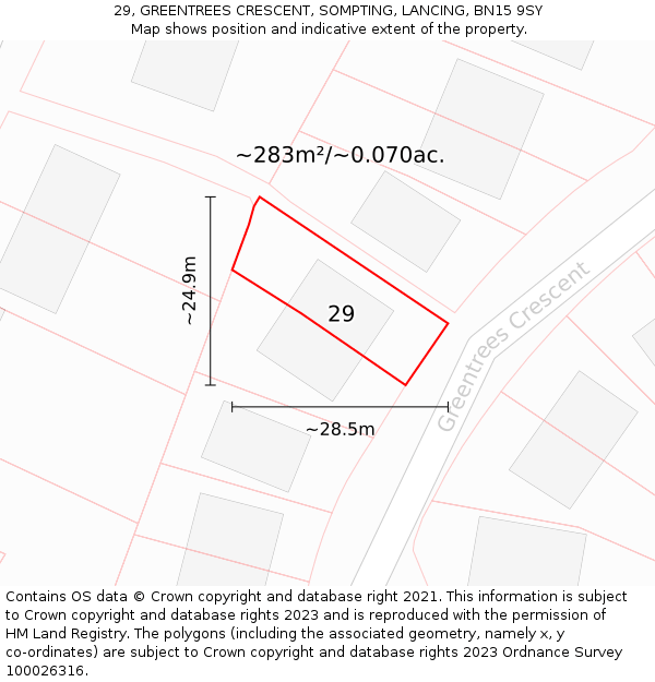 29, GREENTREES CRESCENT, SOMPTING, LANCING, BN15 9SY: Plot and title map