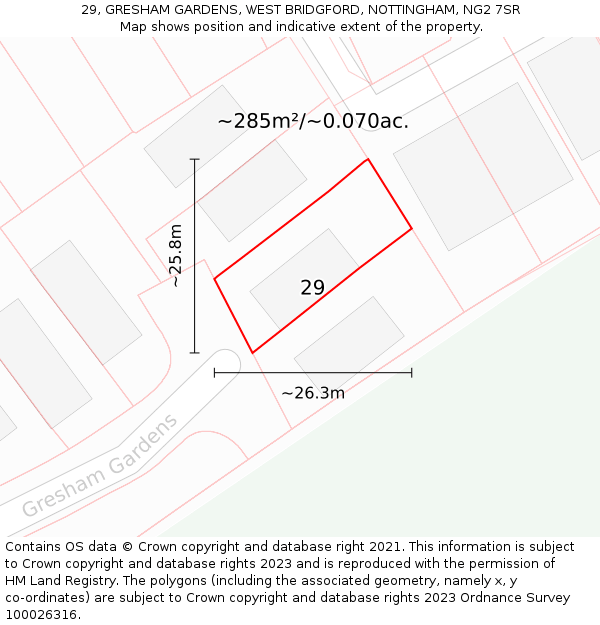 29, GRESHAM GARDENS, WEST BRIDGFORD, NOTTINGHAM, NG2 7SR: Plot and title map