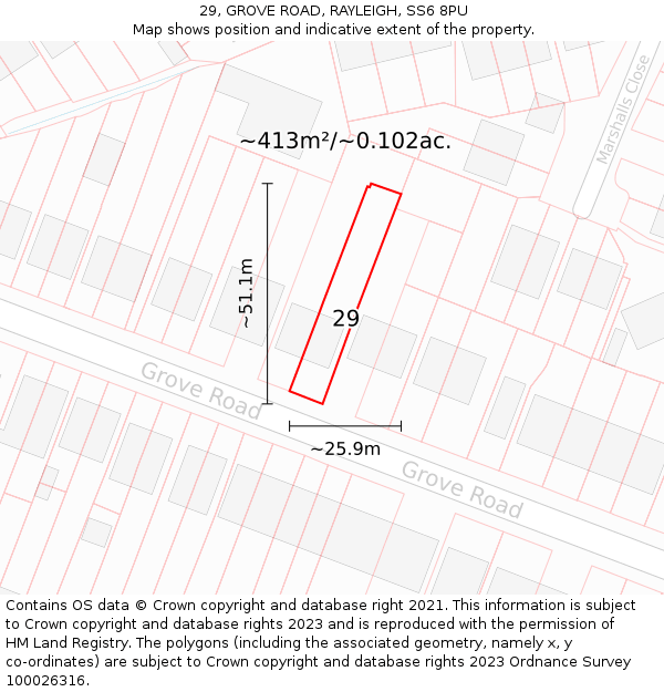 29, GROVE ROAD, RAYLEIGH, SS6 8PU: Plot and title map