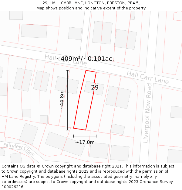 29, HALL CARR LANE, LONGTON, PRESTON, PR4 5JJ: Plot and title map