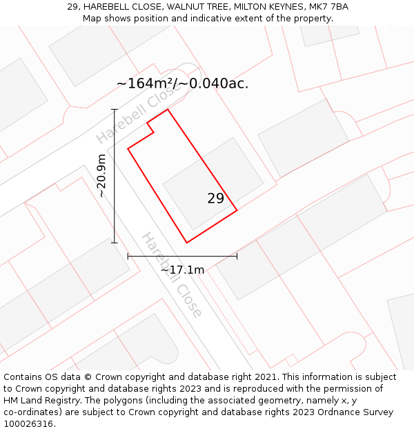 29, HAREBELL CLOSE, WALNUT TREE, MILTON KEYNES, MK7 7BA: Plot and title map