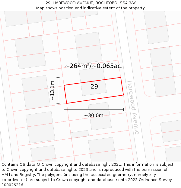 29, HAREWOOD AVENUE, ROCHFORD, SS4 3AY: Plot and title map