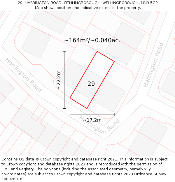 29, HARRINGTON ROAD, IRTHLINGBOROUGH, WELLINGBOROUGH, NN9 5GP: Plot and title map