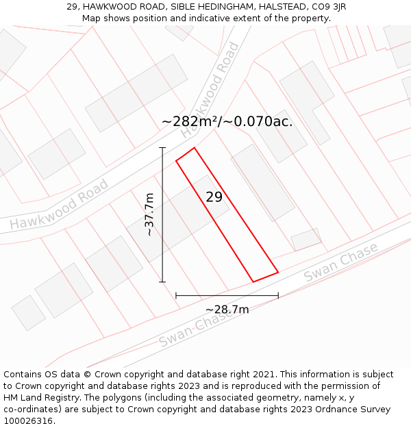 29, HAWKWOOD ROAD, SIBLE HEDINGHAM, HALSTEAD, CO9 3JR: Plot and title map