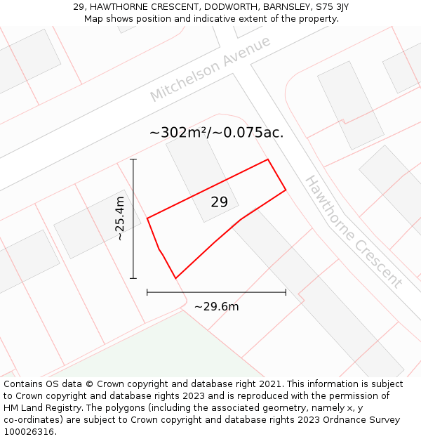 29, HAWTHORNE CRESCENT, DODWORTH, BARNSLEY, S75 3JY: Plot and title map