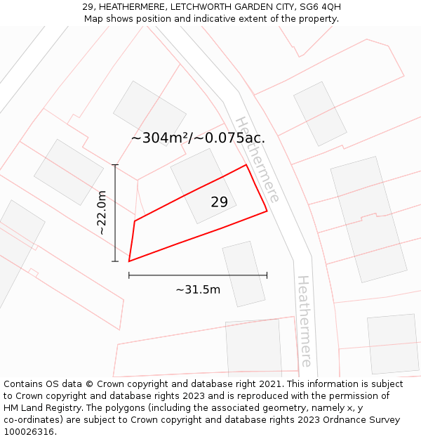 29, HEATHERMERE, LETCHWORTH GARDEN CITY, SG6 4QH: Plot and title map