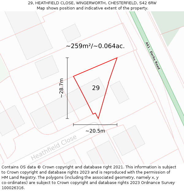 29, HEATHFIELD CLOSE, WINGERWORTH, CHESTERFIELD, S42 6RW: Plot and title map