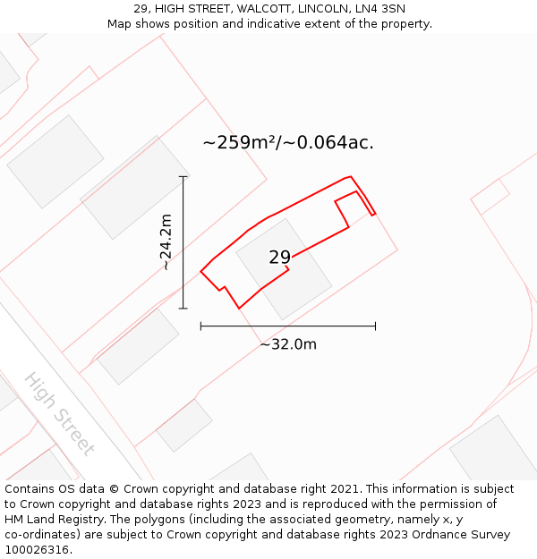 29, HIGH STREET, WALCOTT, LINCOLN, LN4 3SN: Plot and title map