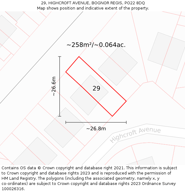 29, HIGHCROFT AVENUE, BOGNOR REGIS, PO22 8DQ: Plot and title map