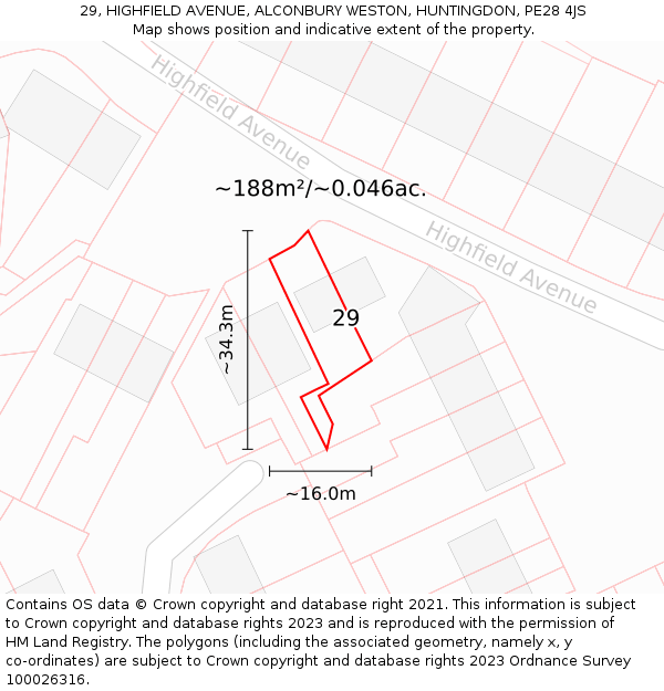 29, HIGHFIELD AVENUE, ALCONBURY WESTON, HUNTINGDON, PE28 4JS: Plot and title map