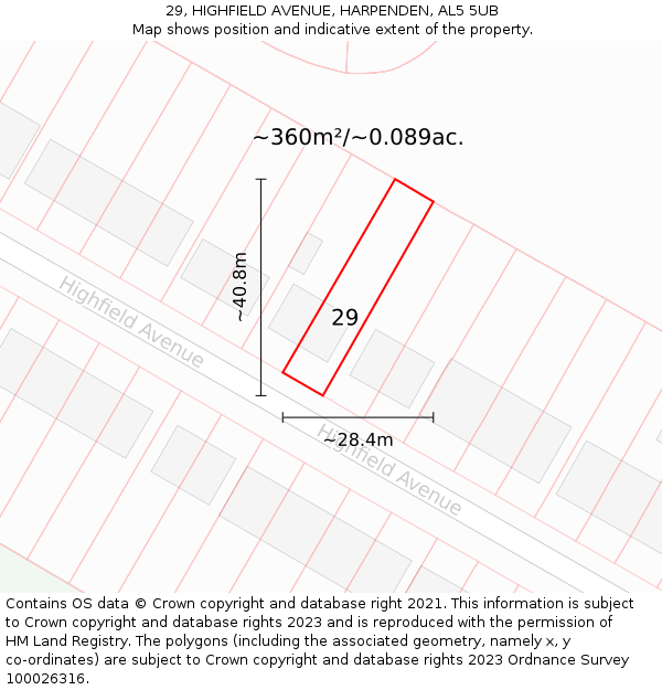 29, HIGHFIELD AVENUE, HARPENDEN, AL5 5UB: Plot and title map